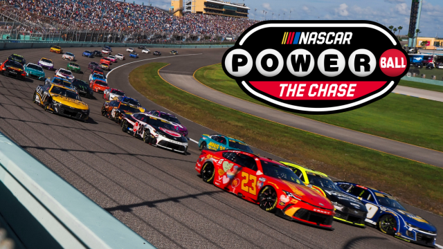 Image: NASCAR racecars driving around a track. Logo: NASCAR Powerball The Chase