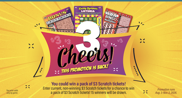 This image promotes a scratch ticket giveaway titled "3 Cheers!" It features three colorful scratch tickets: "Bonus Crossword," "Lucky Symbols Loteria," and "10X Bingo Multiplier." The text states the promotion involves winning a pack of $3 scratch tickets, with a drawing for 15 winners. The promotion runs from August 3 to November 2, 2023. Bright and festive design elements surround the tickets.