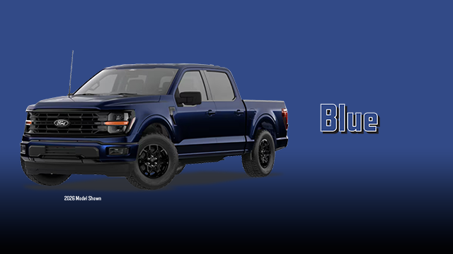 Image of a blue Ford F-150 truck on a dark blue gradient background. The text says "Blue" on the right side. Below the truck image is says, "2026 Model Shown"