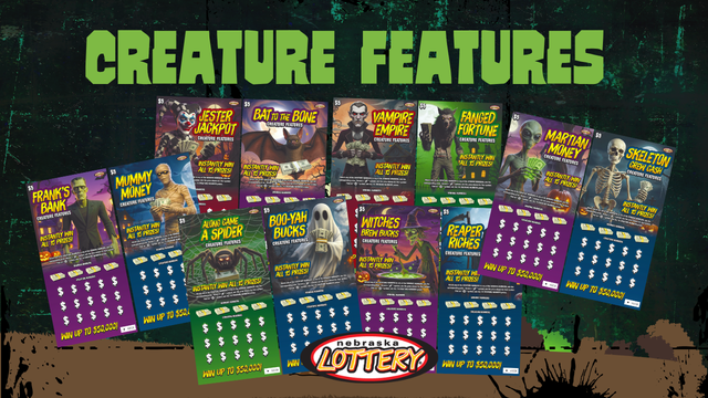 This image shows a collection of Nebraska Lottery scratch tickets under the title "Creature Features." The tickets feature themed designs, including "Frank's Bank," "Mummy Money," "Jester Jackpot," "Bat to the Bone," "Vampire Empire," "Along Came a Spider," "Boo-Yah Bucks," "Witches Brew Bucks," "Reaper Riches," "Fanged Fortune," "Martian Money," and "Skeleton Crew Cash." The Nebraska Lottery logo is at the bottom.
